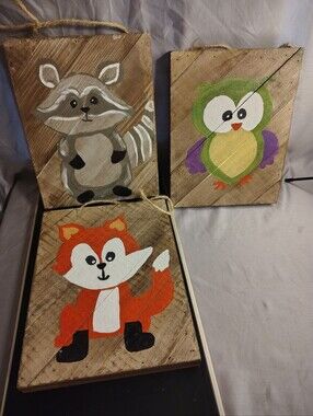 UNIQUE "Folk Art" Set of 3 Handmade Woodland Animal Signs - Fox, Owl, Raccoon